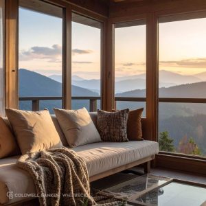 Staged Adirondack living room with mountain view and natural light.