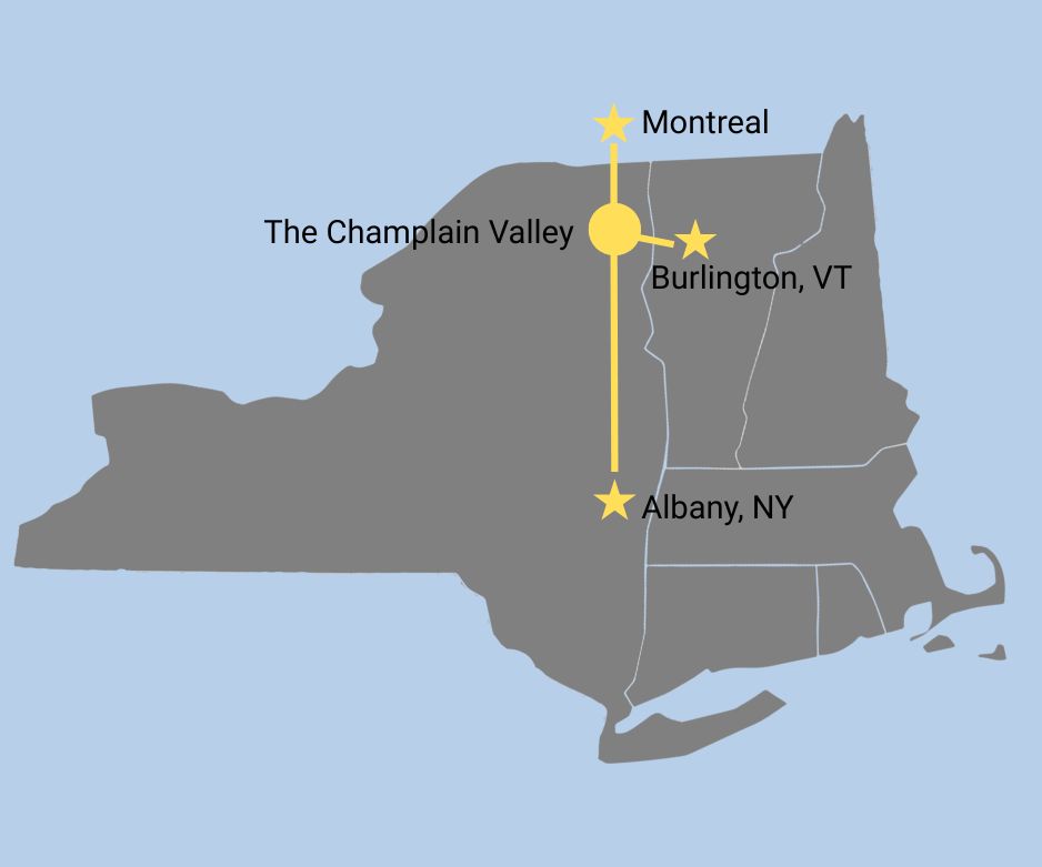 Map of Champlain Valley showing proximity to Montréal, Burlington, and Albany.