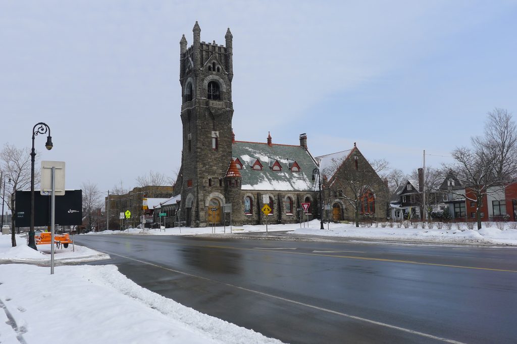 Church in Malone, NY on a snowy day